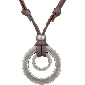 Z-NKL35  Leather Necklace for Men Double Circle Rings Leather Rope Pendant Necklace Punk Leather Chain Disc Ring Necklace Vintage Jewelry Gift