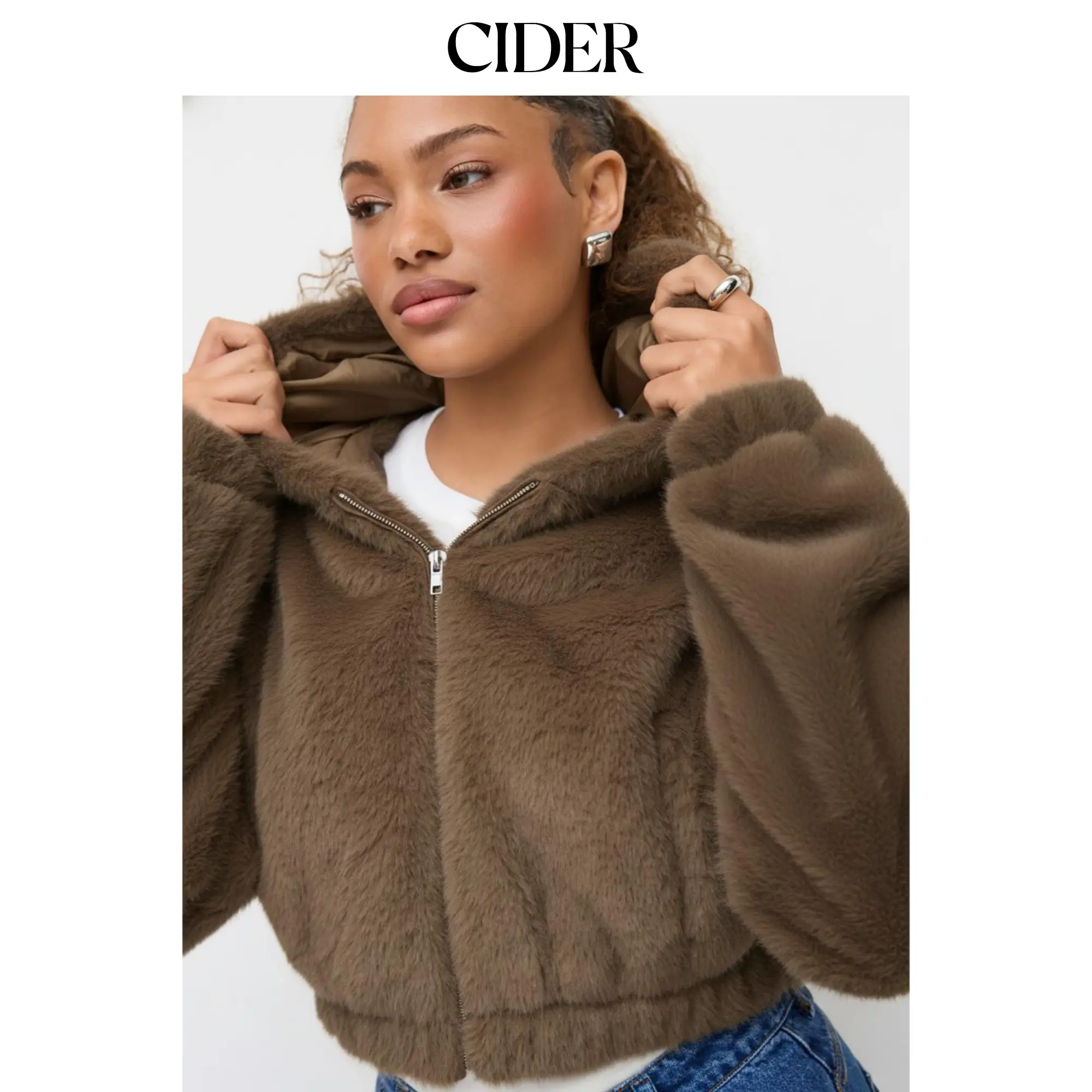 Cider Women's Hooded Cropped Jacket in Faux Shearling, Casual Full Zip Teddy Style Winter Coat Outerwear Top, Tops, Coats