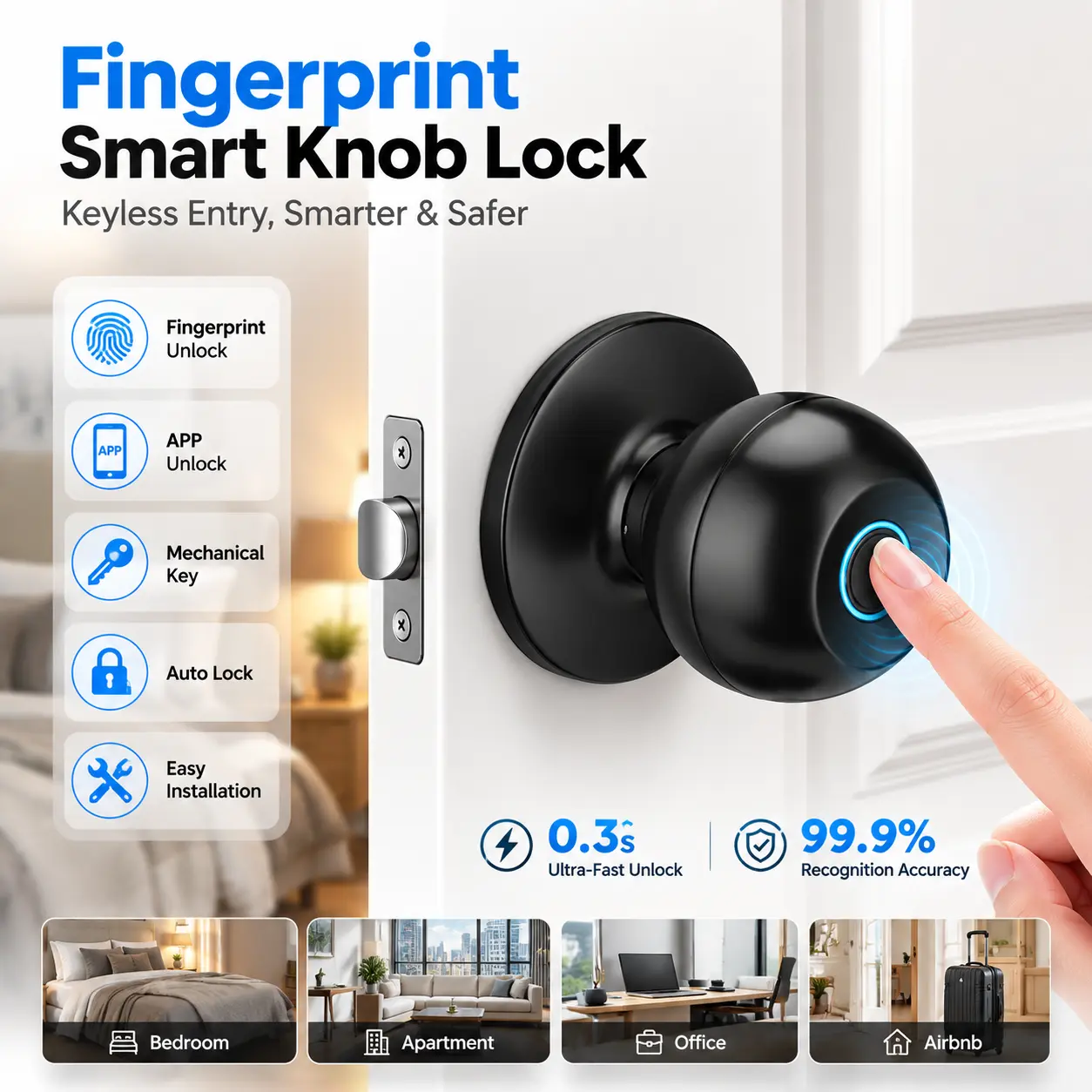Wiring-Free Biometric Keyless Smart Doorknob with Electronic Locking System, Tuya Bluetooth-Fingerprint Access, Auto-Lock, Built-In Bat, 400mAh, Fits 35-55mm Wooden Doors, Easy Installation, Fingerprint Smart Locks for Front Door