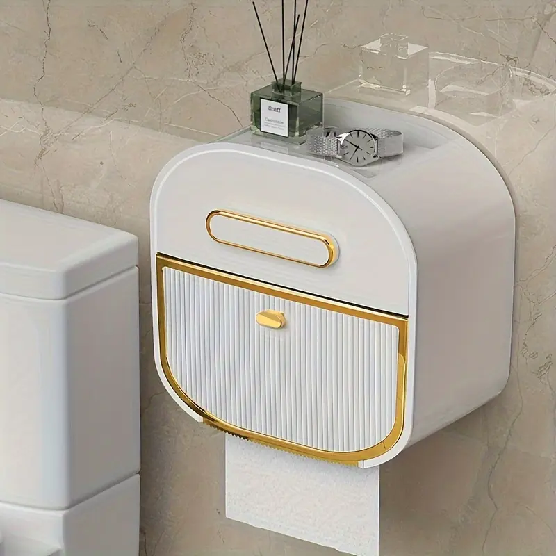 1PC Wall Mounted Paper Towel Holder with Storage Box No Drill Installation Bathroom Space Saving Plastic Modern Round Design for Christmas Halloween Gift Decor Toilet Paper Holder Bathroom Accessory Tissue Holder Bathroom Gadgets