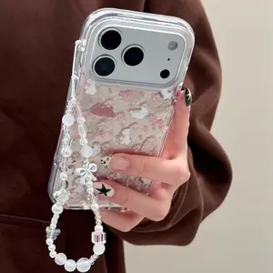 Cartoon foil pattern bunny and flower case suitable for iPhone 17 Pro Max, Apple 16, 15 new model, 14 for women