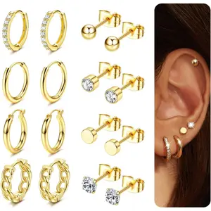 8 Pairs Gold & Silver Stud Earrings for Women, Multi-Piercing Tiny Earrings, 316L Surgical Steel Hypoallergenic Cartilage Earrings, Small Hoop & Pillow Studs for Women & Girls