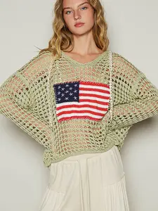 POL Crochet Flag Hoodie Sweater - Cotton Blend - Oversized Comfort S-L - Long Sleeves - Breathable Knitwear - Women's Casual Tops