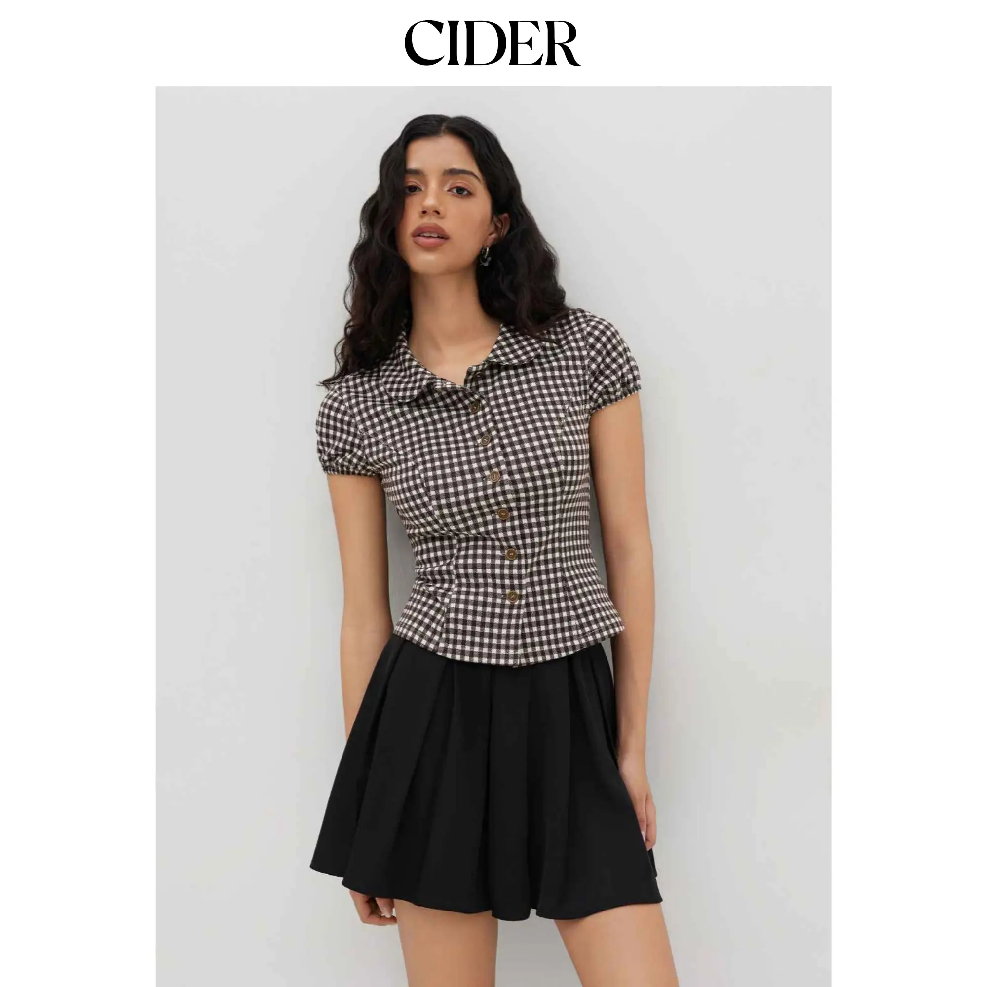 Cider Women's Gingham Blouse with Peter Pan Collar, Puff Short Sleeve Plaid Button Up Top for Lady, Shortsleeve, Collared