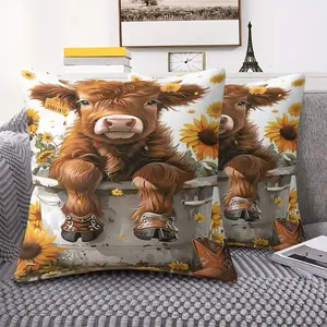 Whimsical Highland Cow Throw Pillow with Digital Print, 45cm Square with Inner Cushion Design Featuring Adorable Calf in Cowboy Boots, Perfect for Cozy Living Room Decor, Soft & Cushion for Sofa & Armchair, Charming Country-Themed Accent Pillow