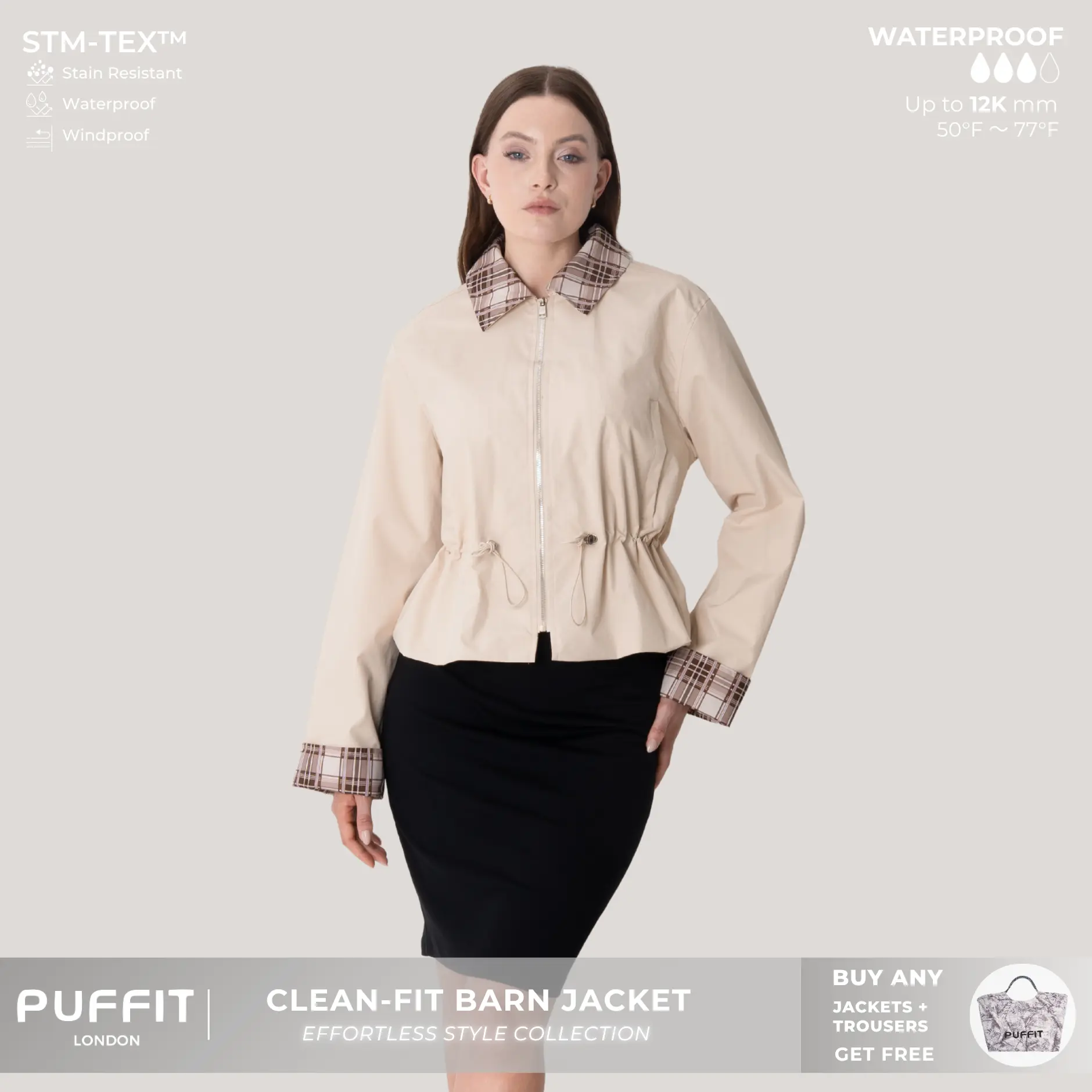 PUFFIT Effortless Style Short Checkered Cuff Jacket With Drawstring Waist,Stain-Resistant Windproof Outerwear,Football Mum,Outdoor,Sport,School Running,Womenswear,Windbreaker,Fall & Winter Jacket,2026 Shopping