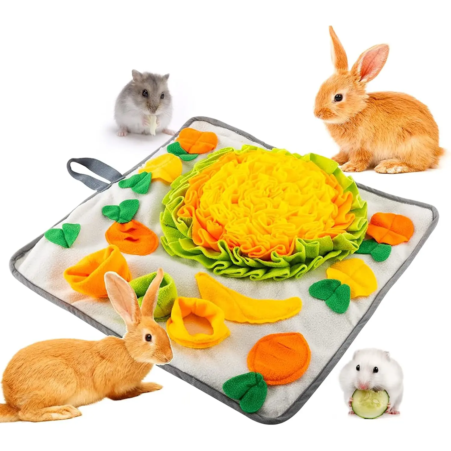 20" × 20" Rabbit Foraging Mat with Handle- Washable Polar Fleece Pet Snuffle Pad Funny Interactive Nosework Feeding Mat Treat Dispenser for Rabbits Bunny Gift Guinea Pigs Ferrets Chinchillas