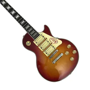 Sunset LP electric guitar with HHH pickups, chrome hardware, mahogany body, rosewood fingerboard, 22 frets, 6 strings.