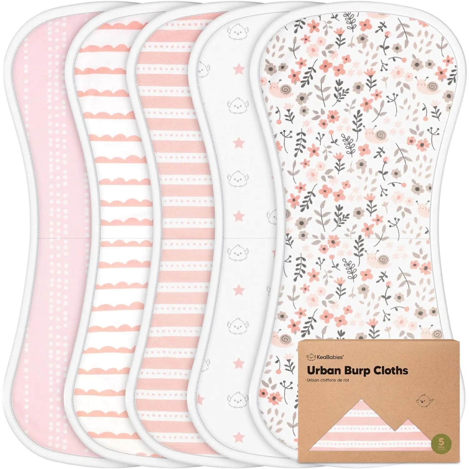 Organic Cotton Burp Cloths for Newborns - 5-Pack Urban Unisex Large Size (21"x10") Plush Fit Cloths with Multiple Patterns, Super Absorbent Spit Up Rags (Sweet Charm)