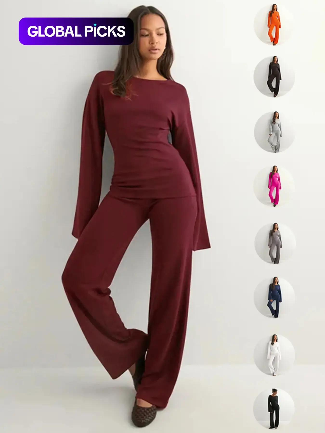 Women's New Fall Solid Fitted Round Neck Flare Sleeve Top & Elastic Waist Straight Leg Pants Set, Long Sleeve Casual Basic Fashion for Daily Wear Outfit Suits Clothes