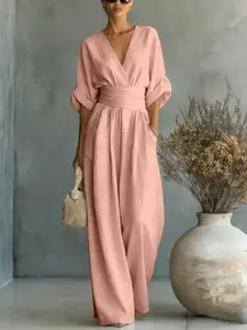 Elegant V-Neck Waist-Cropped Women's Romper, Pure Color Simple Design, Spring Summer New Arrival, Chic Female