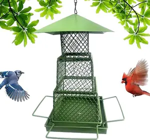 Squirrel Proof Bird Feeder - 3-layer House Birdfeeder Metal Bird House, Birdfeeder Metal Bird House With Hanging Chain, Long-lasting Wild Bird Feeders, Metal Hanging Bird Seed Feeders for Garden, Yard