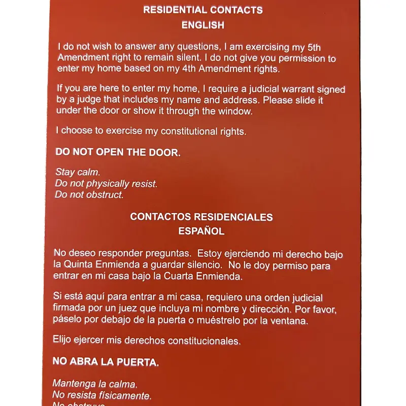 Sgto Sarabia Red Card Know Your Constitutional Rights Card (English/Spanish) | Residential & Public Contacts | Durable Bilingual Rights Card