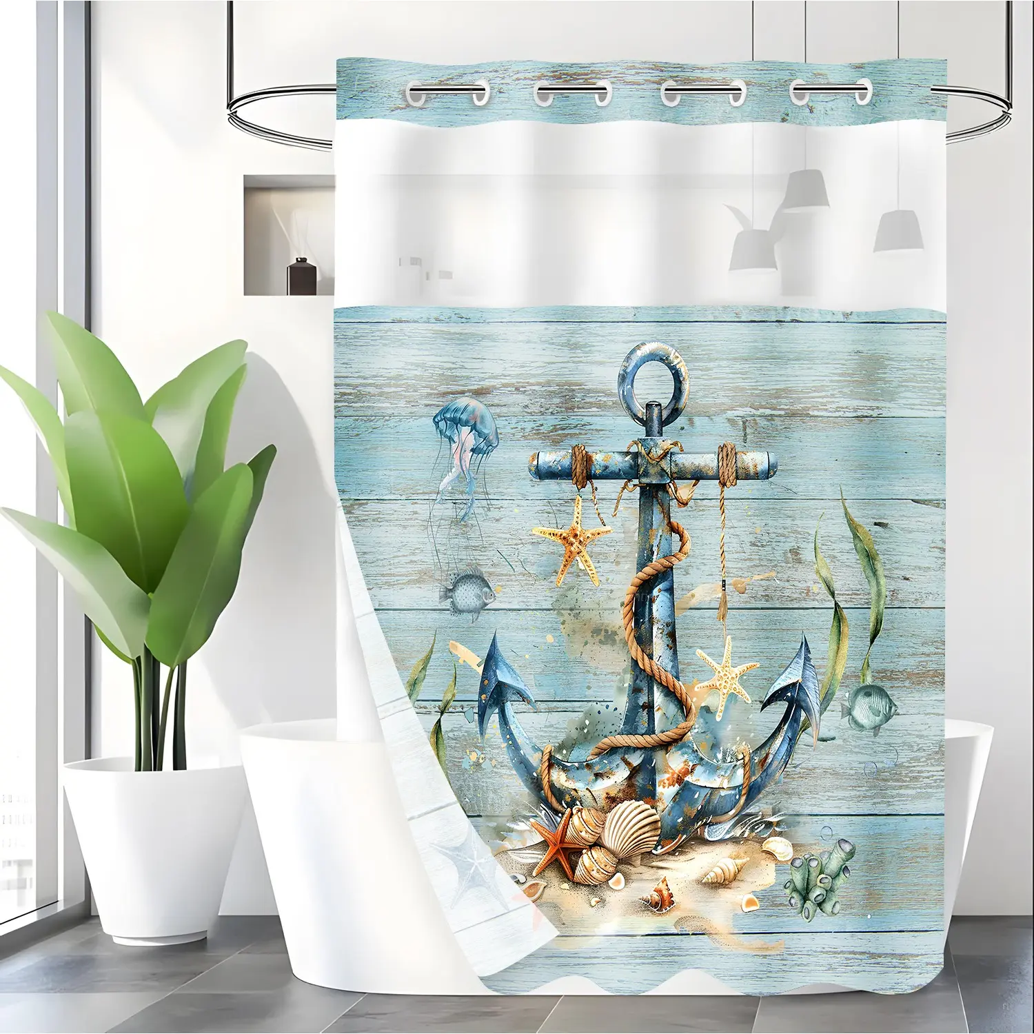 LVRLVR 1pc Nautical Anchor Shower Curtain with Coastal Watercolor Print, Sheer Top Window, Detachable Liner & No Hook C-Ring, 70.8" x 74"
