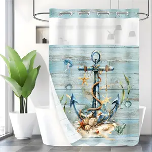 LVRLVR 1pc Nautical Anchor Shower Curtain with Coastal Watercolor Print, Sheer Top Window, Detachable Liner & No Hook C-Ring, 70.8" x 74"