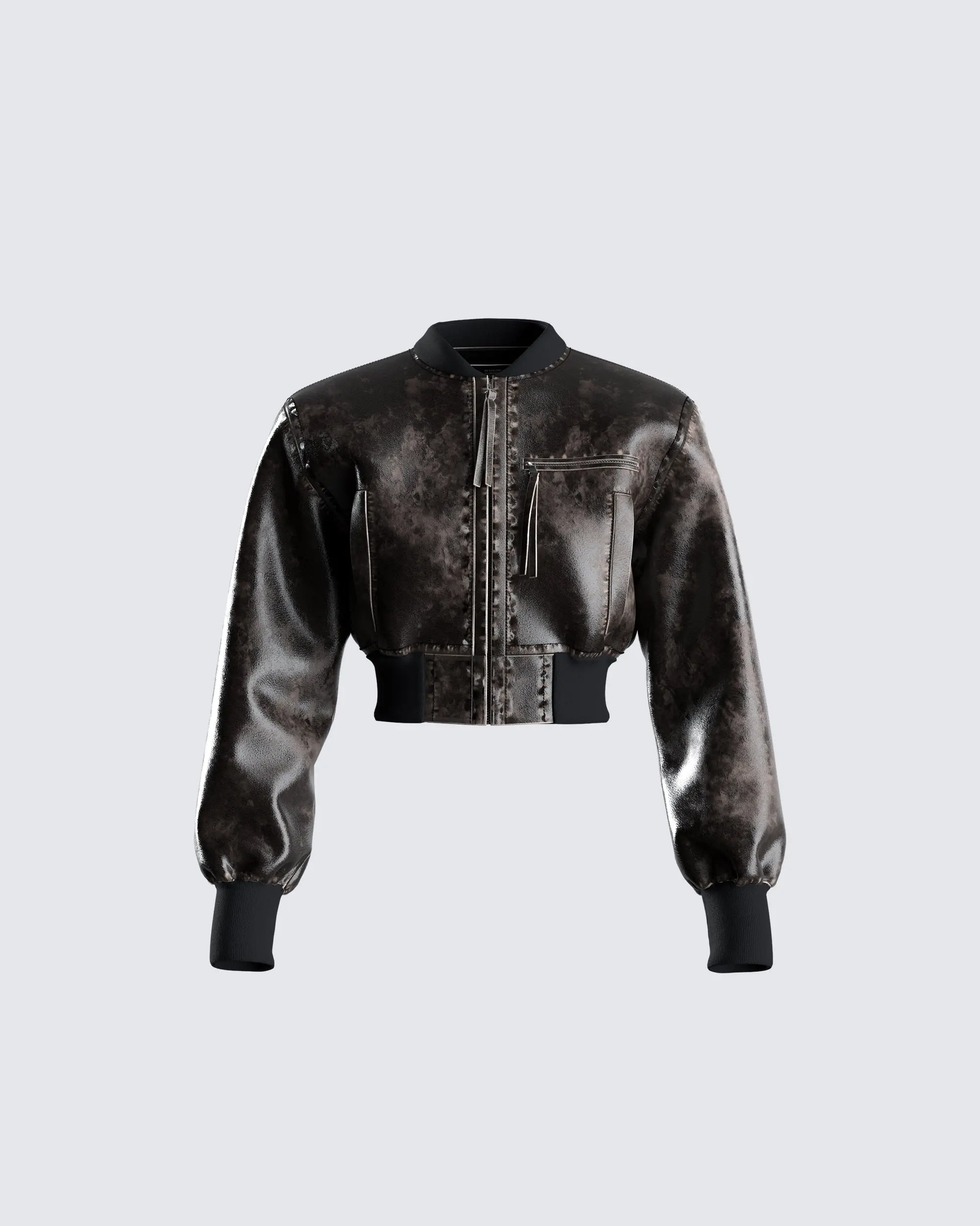 Women's Black Cropped Jacket in Faux Leather, Ada Casual Bomber Style with Studs Front and Stand Collar, Pocket, Coats, Gothic Style, Rockstar Aesthetic
