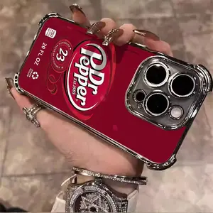 Dr Pepper Lover Strawberry Soft Drink Retro Style Aesthetics Electroplated TPU Casing For iphone 16 15 14 13 12 11 X XS PRO PLUS MAX Four Corners Anti-Fall Soft Silicone Gift Anti-Drop Protective Protector Phone Cases Shell Cover Smartphone Cellphone