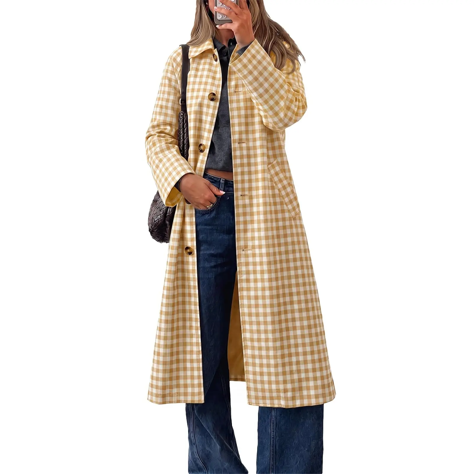 Cicy Bell Womens Plaid Trench Coat Fall Lapel Single Breasted Long Jacket | Loose Fit Straight Outerwear, Winter Warm, Work Office Commute, Casual Trendy Overcoat, Spring Outwear, Windbreak