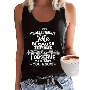 Plus Size Women'S Sleeveless Tank Top with Inspirational Quote Print - "Don't Underestimate Me" Casual Off-Shoulder Vest, Black, Machine Washable, Ladies Tank Tops