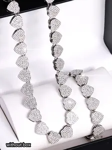 Elegant Iced Out Blingbling Love Heart Tennis Chain Necklace & Bracelet Set, Jewelry Set, Sparkling Heart Design, Perfect Gift for Women