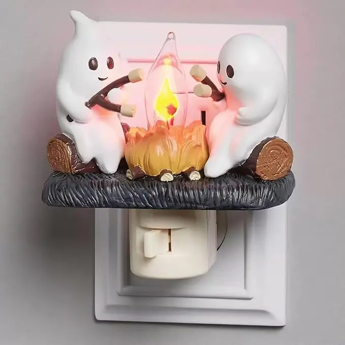 Ghost Campfire Flickering Nightlight Halloween,Ghost Campfire Flickering Nightlight Decor Ornaments Spooky Decoration,Plug-in Wall Flickering Flame Nightlight, Halloween 3D Cute Spooky Marshmallow Ghost Decoration for Bedroom