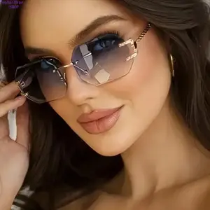 Women's Oversized Geometric Gradient Sunglasses, Blue-Pink Transition Blue Light Blocking Lenses, Slim Semi-Rimless Metal Frame, Screen Protection Eyewear, Trendy Accessories for Women for Daily Casual & Office Wear, Sunglasses For Women