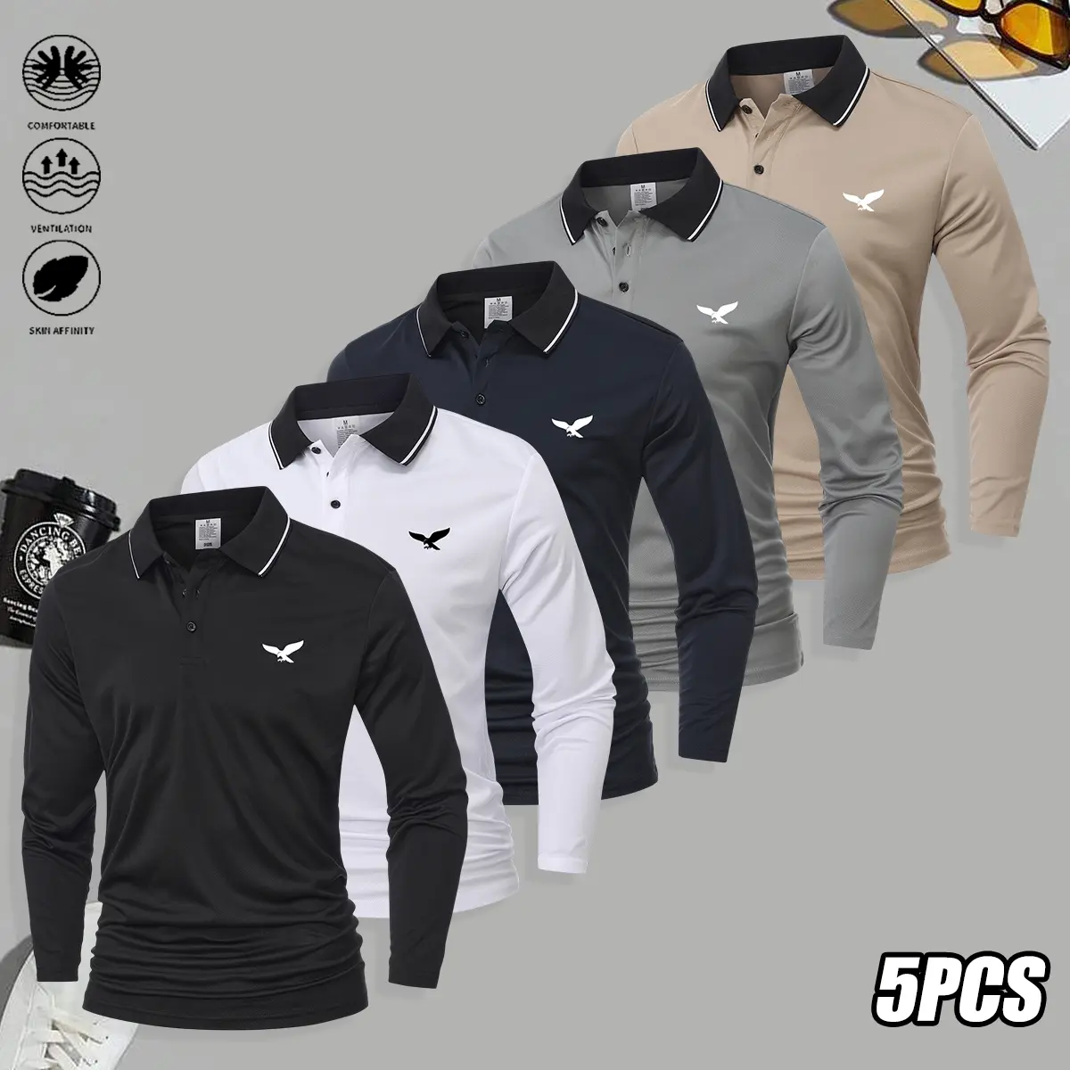 Set of 5 men’s long-sleeve polo shirts—fashionable and versatile, solid color design, suitable for sports and casual occasions, soft and comfortable; men’s long-sleeve polo shirt set.