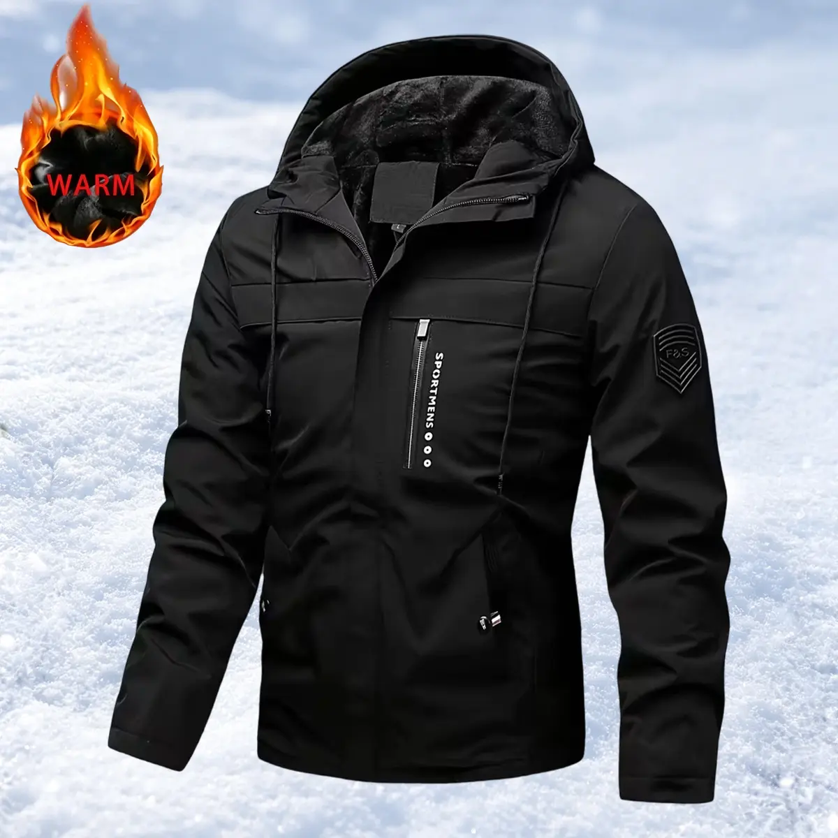 Men’s Hooded Casual Lightweight Jacket, Autumn-Winter Polyester Softshell, Fleece-Lined Windproof Tear-Resistant, Front Chest Pockets, Suitable for Camping & Workwear
