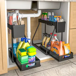 2 Pack Under Sink Organizer, 2 Tier Bathroom Cabinet Organizer with Sliding Basket, Multi-Purpose Under Sink Organizers and Storage for Bathroom Kitchen (Black 2 Pack)