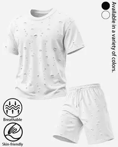 Men's Distressed Ripped T Shirt and Shorts Set, Worn In Hole Detail Summer Streetwear Outfit, Crew Neck Breathable Tee, Drawstring Elastic Waist Shorts, Casual Gym Lounge Festival Two Piece, Top or Bottom Sold Separately, Beach Vacation Fit, Daily Outfits