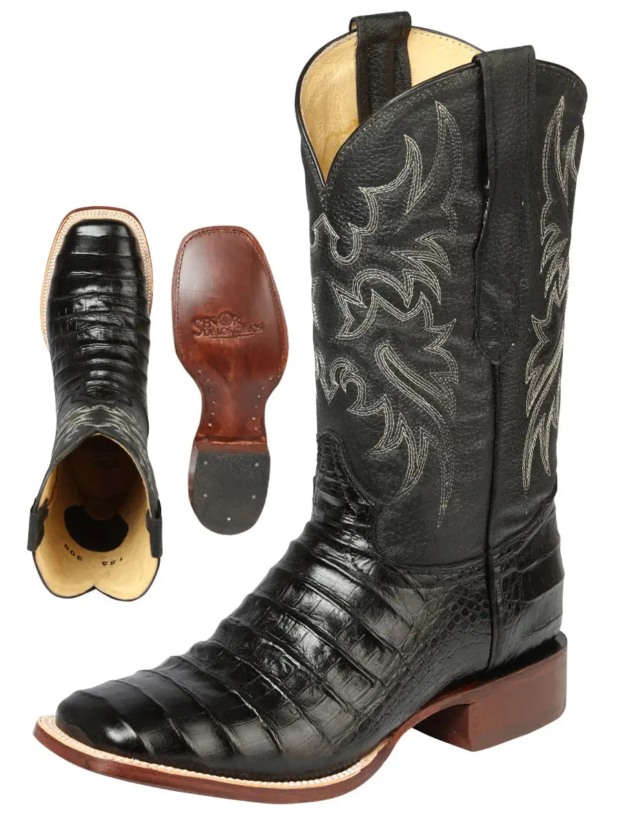 Men's Handcrafted Classic Caiman Animal-Alligator Print Leather Closed-Toe Cowboy Boots - Western Elegance Shoe with Unique Design Decor Accents, Animal Print, Leather Upper, Rodeo Outfit Inspo, Scrollwork Embroidery, Side Pulls, Stacked Heel, Pull On, Fo