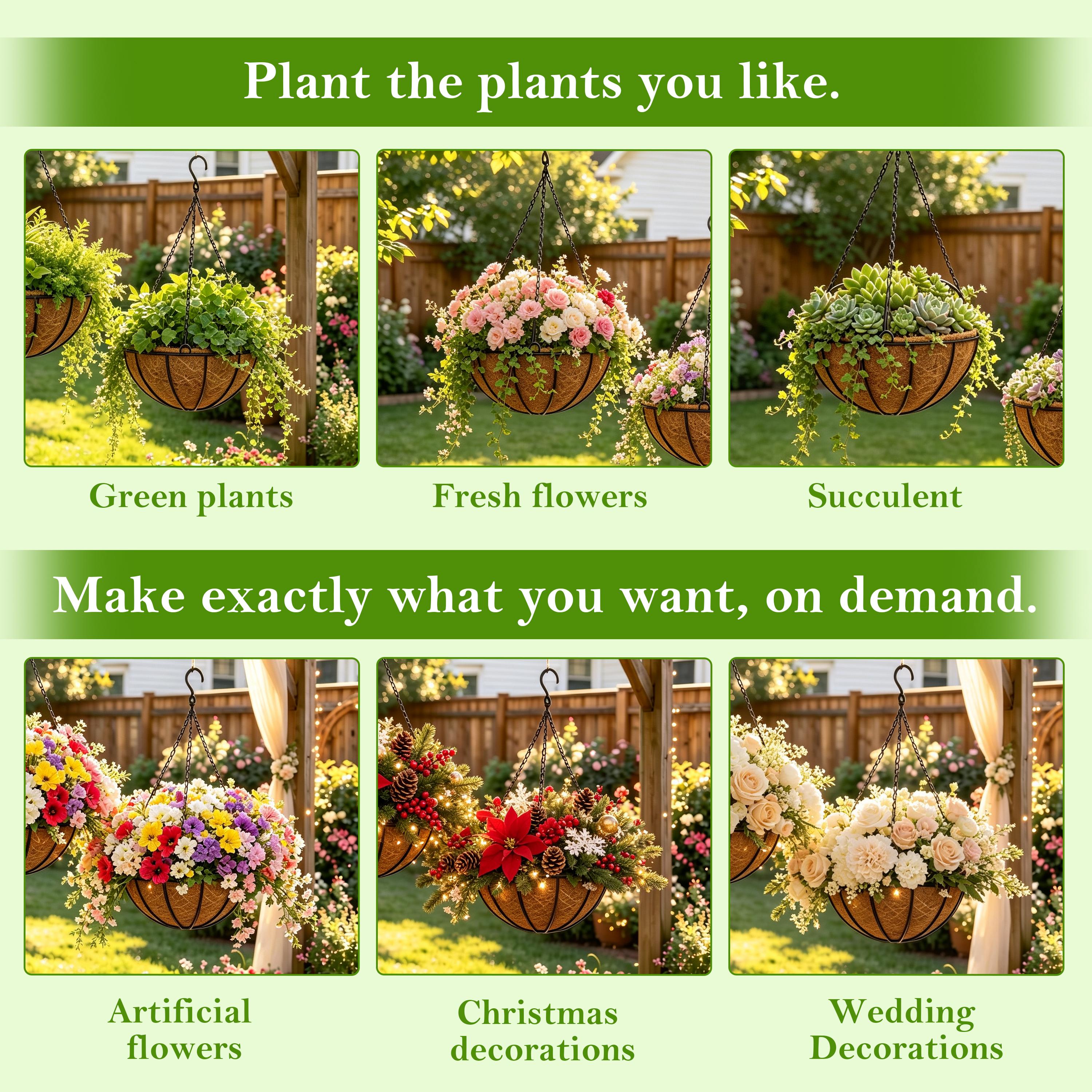 12-Inch Classic Coconut Coir Metal Hanging Planter Basket with Topiary Ball Set, Heavy Chain, Moisture Lock, for Outdoor/Indoor Porch Rail, Garden Decor