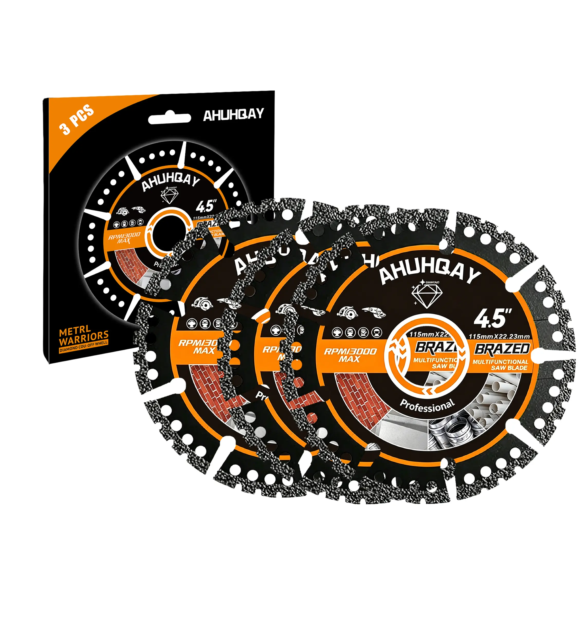 AHUHQAY 4-1/2 in Diamond Blades for Angle Grinder, 3pcs Heavy Duty Cut Off Wheels, Multi-Material Cutting Tools for Metal, Tile, Stone
