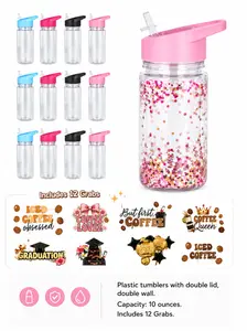 12pcs 10oz Double Wall Plastic Tumblers with Lid & Straw | Includes 12 Decorative Grabs