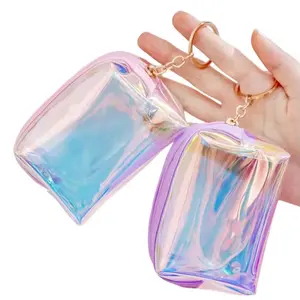 Mini Translucent Money Storage Bag Student Small Cosmetic Bag with Keychain in Pastel Colors