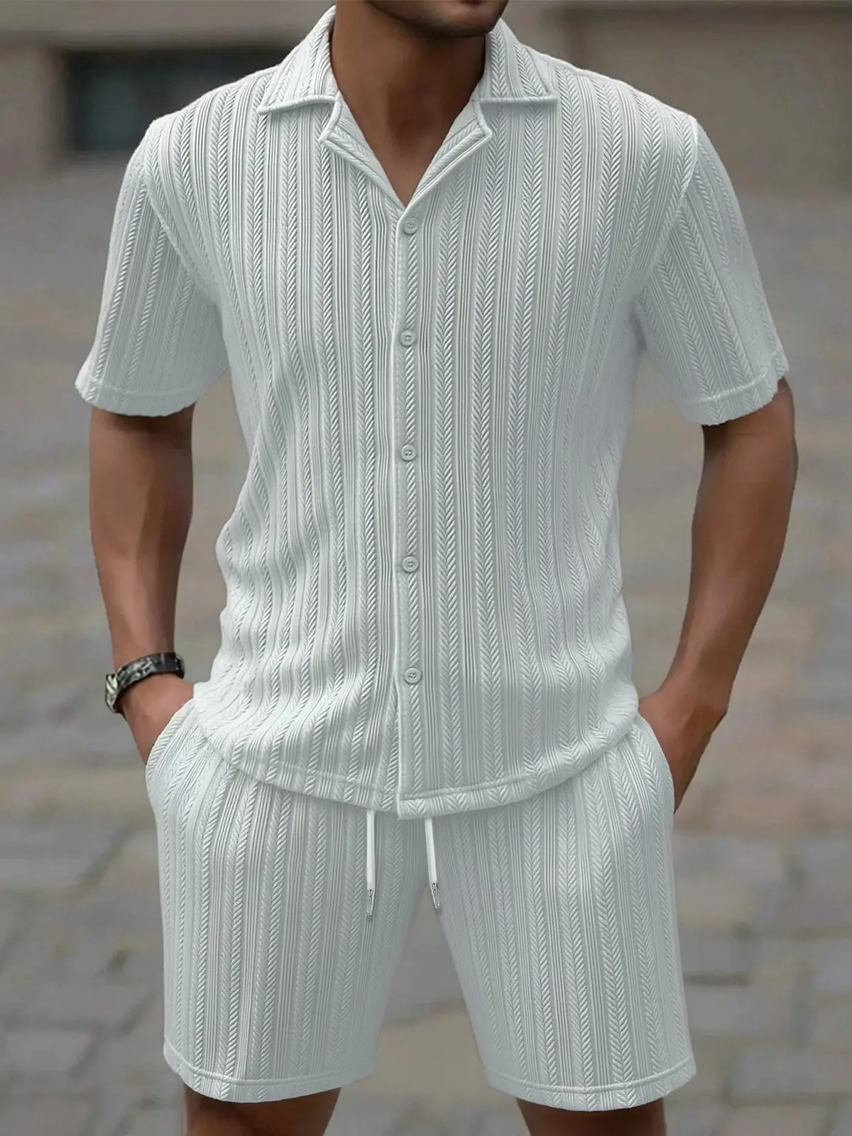 Men's 2-Piece Comfortable Summer Clothes Set - Classic Basics Textured Polyester Knit Short-Sleeve Camp Collar Blouse/Shirt, Loose-Fit Shorts for Indoor Relaxation, Casual Daily Wear