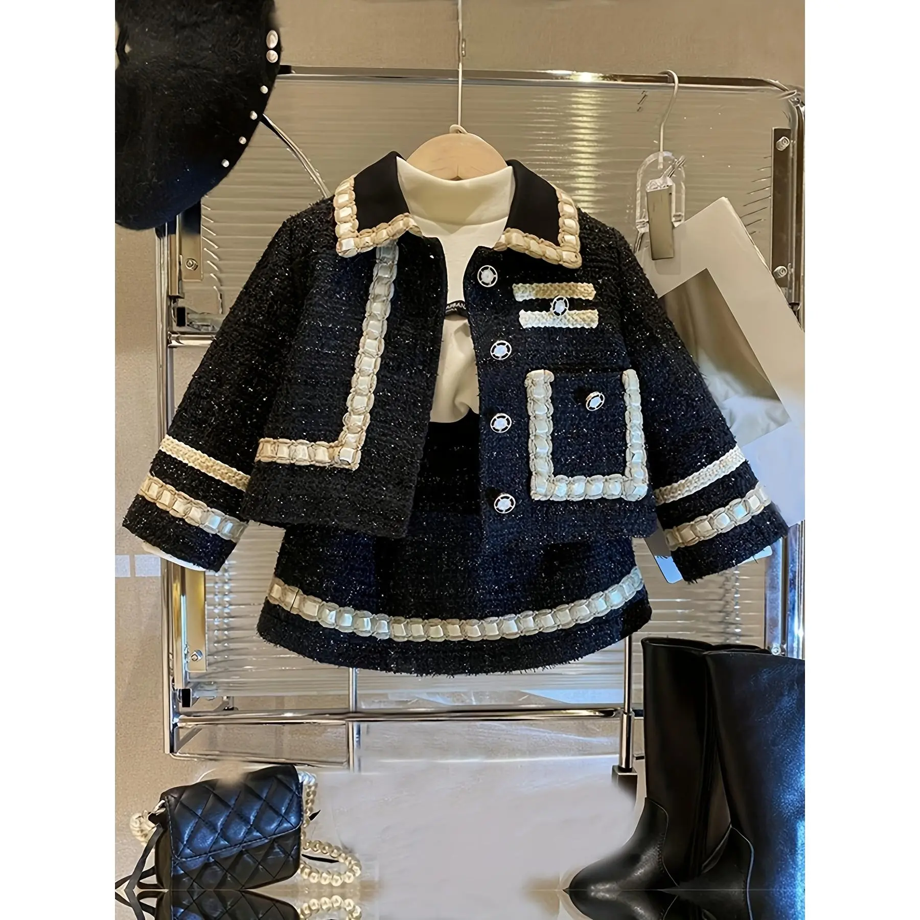 Girls' 2-Piece Fashionable Jacket & Short Skirt Matching Set - New Fine Girls Outfit for 7-8y, 9-10y Kids' Spring & Autumn Chic Suits