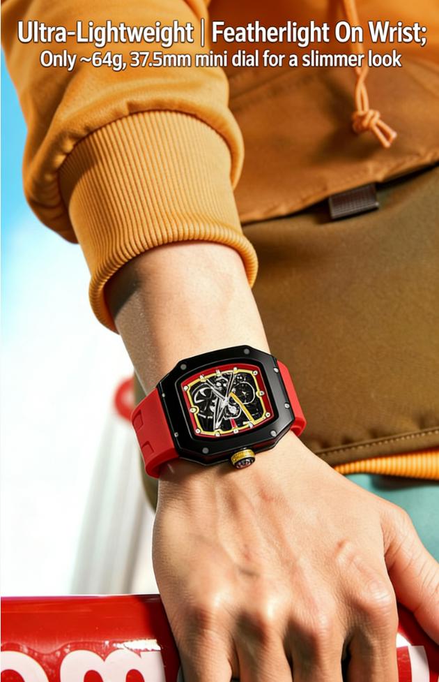 Fashion Skeleton Quartz Watch for Men, Carbon Fiber Design, Red Silicone Band, Perfect for Daily & Sports