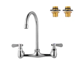 WOWOW Commercial Sink Faucet with 6”Gooseneck Swivel Spout, 8" Center Wall Mount Kitchen Faucet, Dual Handles Brass Utility Sink Faucet for Laundry Room Restaurant Compartment Sink, Polish Chrome