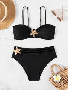 New Unique Design Solid Color Sexy Gold Star Decoration Slimming Belly Cover Fashion Vacation Two-Piece Swimsuit Set for Women Beach Casual Swimwear Bikini Suit