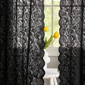 Black Lace Halloween Curtains for Living Room Luxury Gothic Sheer Curtains 84 inches Long Boho Doorway Curtains Witchy/Goth Room Decor 52 x 84 Inch Black