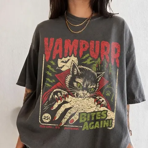 Comfort Colors Vampire Cat Shirt, Funny Spooky Halloween Graphic Tee, Retro Vampurr T-Shirt, Cute Horror Pet Lover Gift Apparel