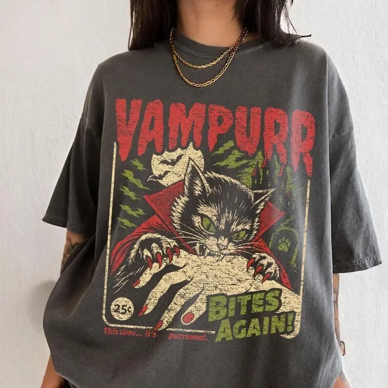 Comfort Colors Vampire Cat Shirt, Funny Spooky Halloween Graphic Tee, Retro Vampurr T-Shirt, Cute Horror Pet Lover Gift Apparel