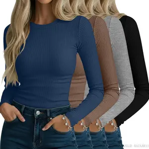4 Pack Women's Ribbed Long Sleeve Shirts, Cotton Crew Neck Slim Fit Tops Stretch Knit Casual Base Layer Basic Tee ShirtsXXALUE BAZAAR11