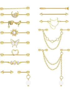 14g 16g Industrial Piercing Bar Earrings, Surgical Steel Cartilage Helix Jewelry, Fashion Body Jewelry, Plain Heart Design, & Silver Color Options