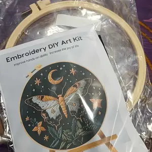 Beginner Embroidery Kit, Elegant Butterfly-Moon Cross Stitch Set with Printed Cotton Fabric, Threads and Needles, DIY Craft Supplies