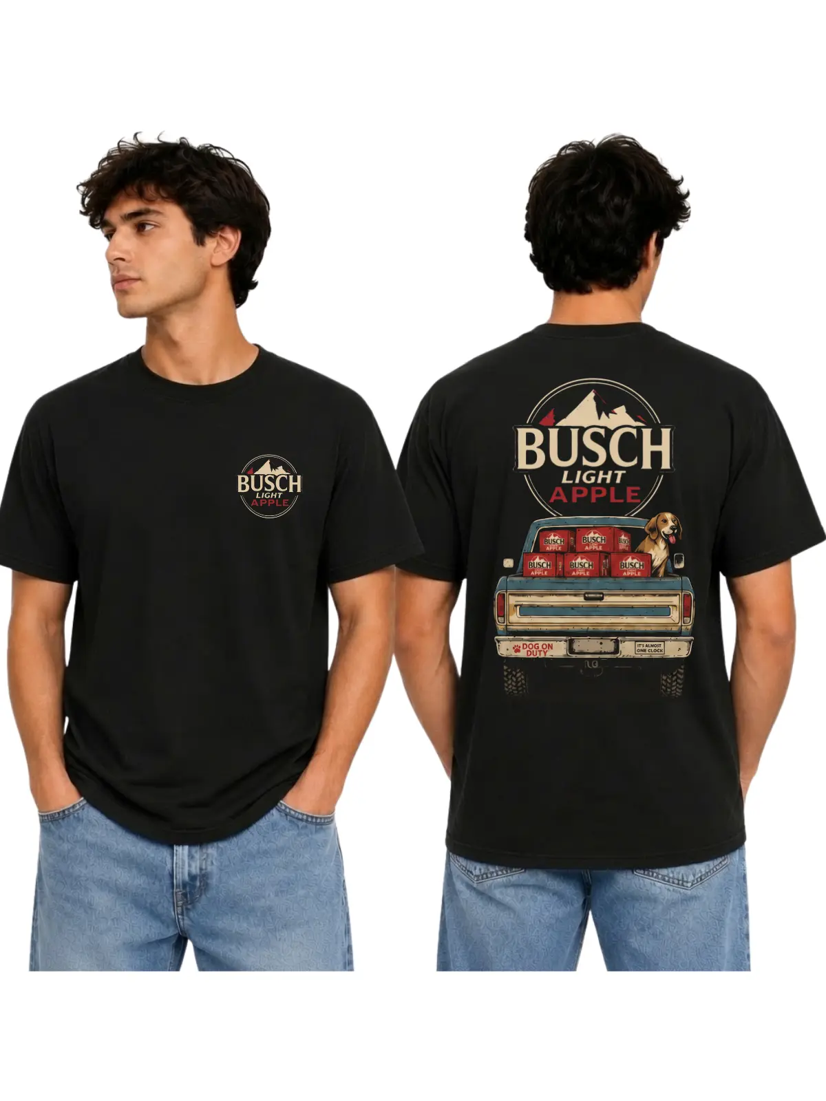 Busch Light Apple Pickup Truck Dog Graphic T-Shirt, Vintage Retro Dog on Duty Design, Funny Country Beer Party Print Unisex Black Tee, Trending Summer Tailgate BBQ Shirt for Men Women, Perfect Gift For Dog Moms Dads