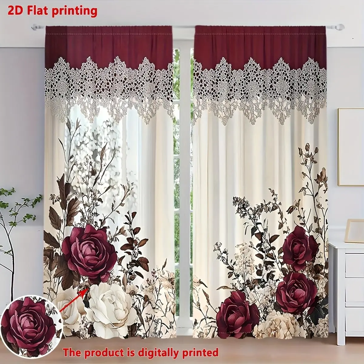 Victorian Style Curtain Set, Window Curtain, Vintage Rose Pattern, High-Quality Semi-Transparent Digital Print, Light Weight, Living Room & Bedroom Decor, Home Decoration Curtain, Home Decorative Curtain, Sheer Printed Curtains