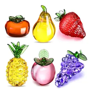 6 Pcs Crystal Glass Fruit Decor Pineapple Grape Persimmon Strawberry Pear Peach Figurine Collectibles Hand Blown Glass Fruit Decoration for Home Decor Gift for Wedding Birthday Wedding