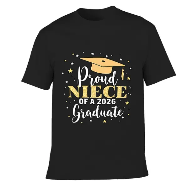 Kids' Casual Cotton Cloud Fabric T-Shirt - 2026 Proud Niece of a Graduate, Black with Golden Glitter Text & Graduation Cap Graphic, Relaxed Fit Round Neck Short Sleeve, Graduation Celebration Apparel